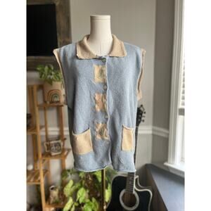 Vintage 90s Cotton Knit Vest Beach Cottagecore Blue Tan Size Large